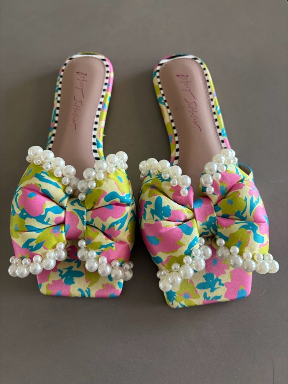 Betsey Johnson Pink Teal Yellow Floral Bow Pearl-Trim Sandals